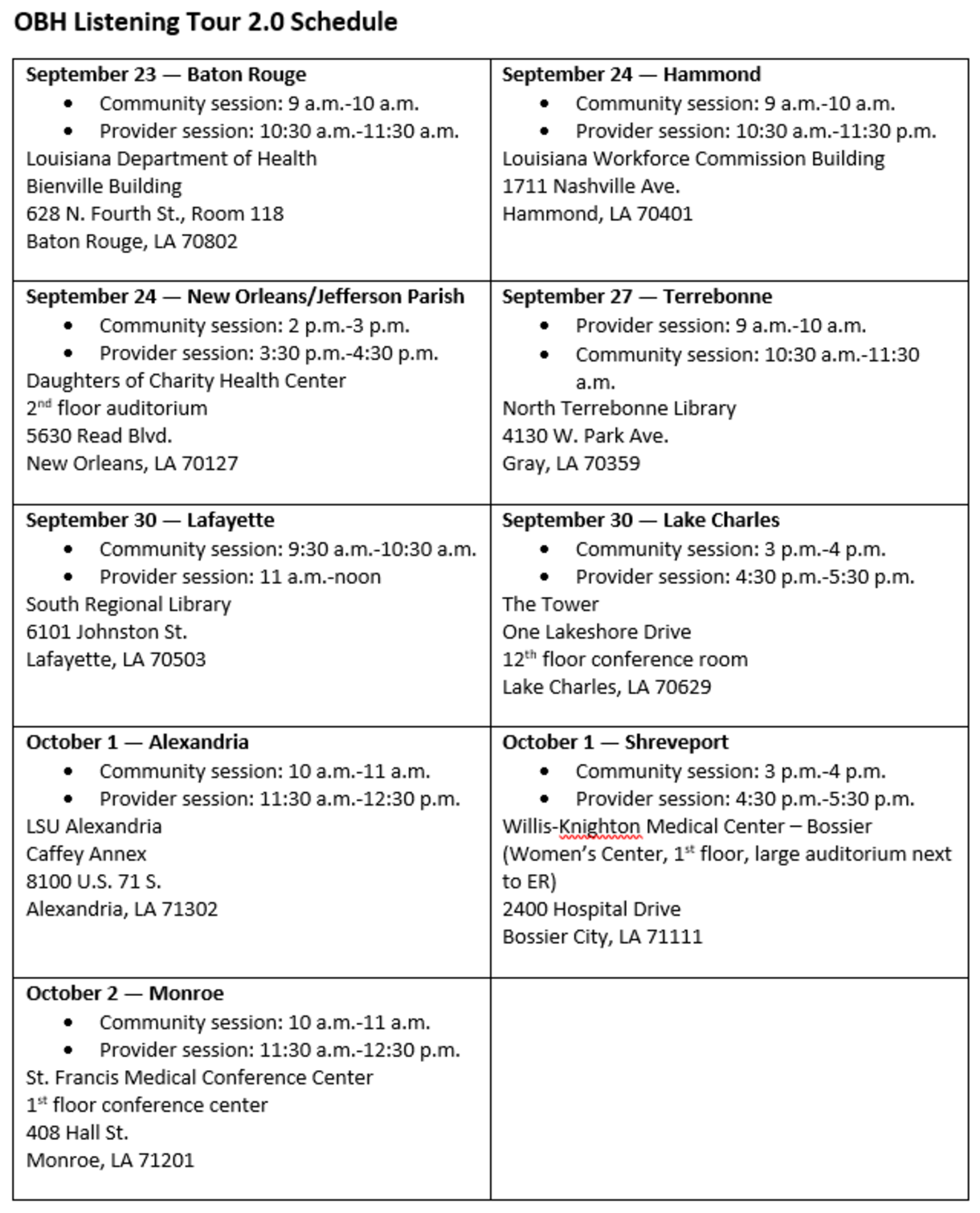 Louisiana Department Of Health S Office Of Behavioral Health Schedules Fall Statewide Listening Tour Department Of Health State Of Louisiana