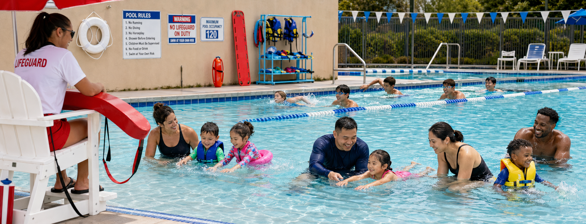 With Lifeguard on site, children swimming in recreational swimming pool.