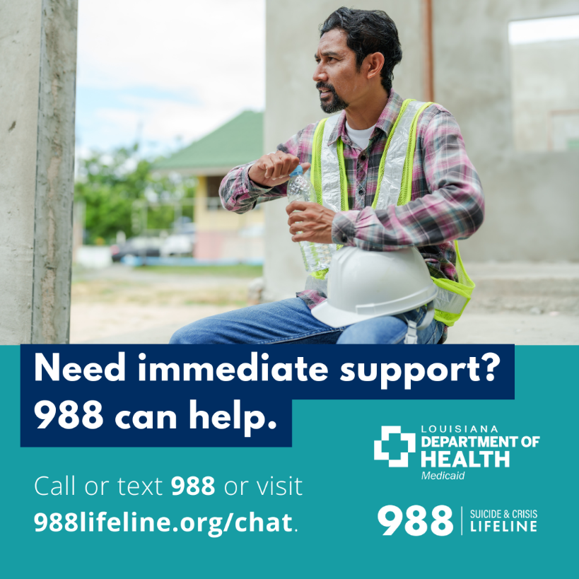 A man is seated on a construction site, holding a water bottle and wearing a reflective safety vest over a plaid shirt. A white hard hat rests beside him. The background shows an unfinished concrete structure with a blurred green-roofed building and foliage. The lower part of the image contains a large blue and teal text banner with a message in white letters about seeking support from 988 services.