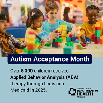 Infographic stating 5,300 children received applied behavior analysis (ABA) therapy through Louisiana Medicaid in 2025.