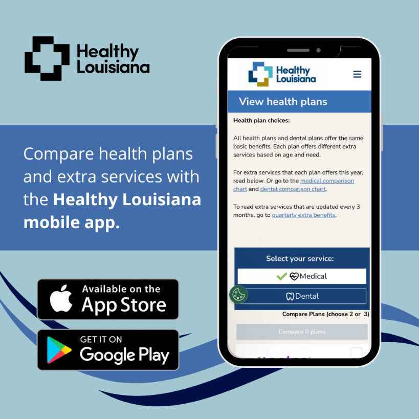 Image of a smart phone with the Healthy Louisiana app, encouragement to compare plans with the app.