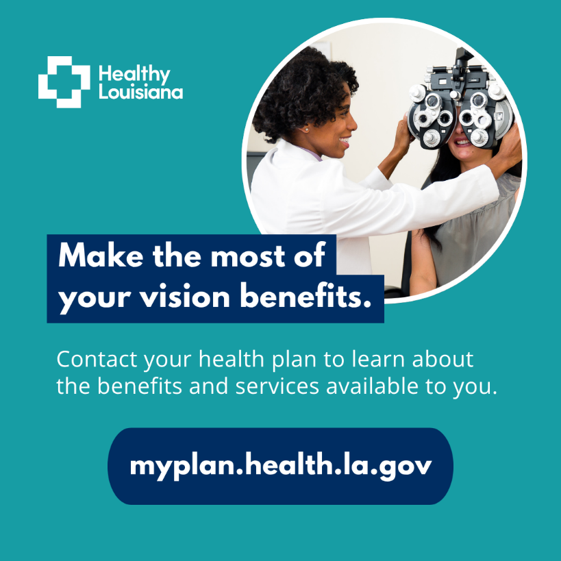 A healthcare professional examining a baby with a stethoscope. Includes Louisiana Department of Health logo and Medicaid information.  Below, there is a blue overlay with text asking if the viewer's family qualifies for Louisiana Medicaid or LaCHIP, followed by additional text about checking monthly income limits.