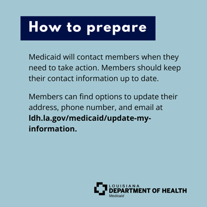 Medicaid will contact members when they need to take action.  Member should keep their contact information up to date.  Make sure your information is up to date.