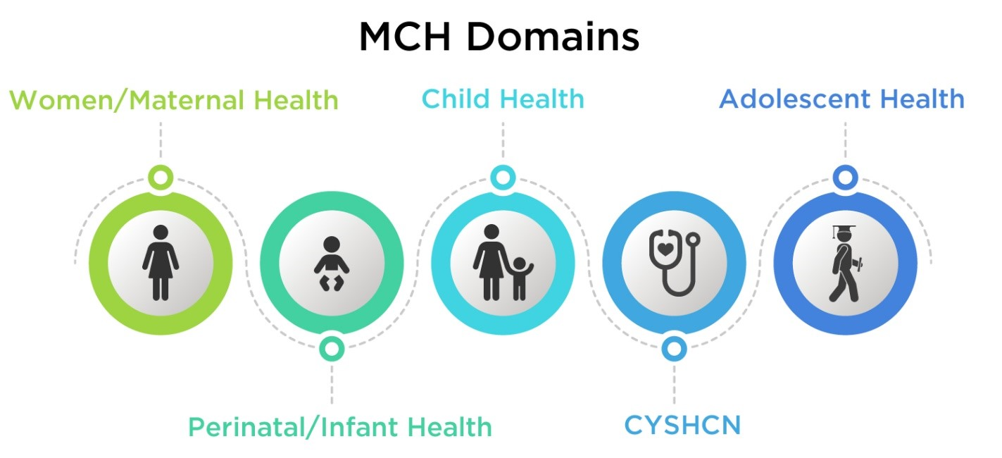 Illustration of Maternal and Child Health Domains including Women/Maternal Health, Child Health, Adolescent Health, Perinatal/Infant Health, and CYSHCN (Children and Youth with Special Health Care Needs), each depicted with relevant icons. A central circle labeled "Cross-Cutting and Systems-Building" links all domains.